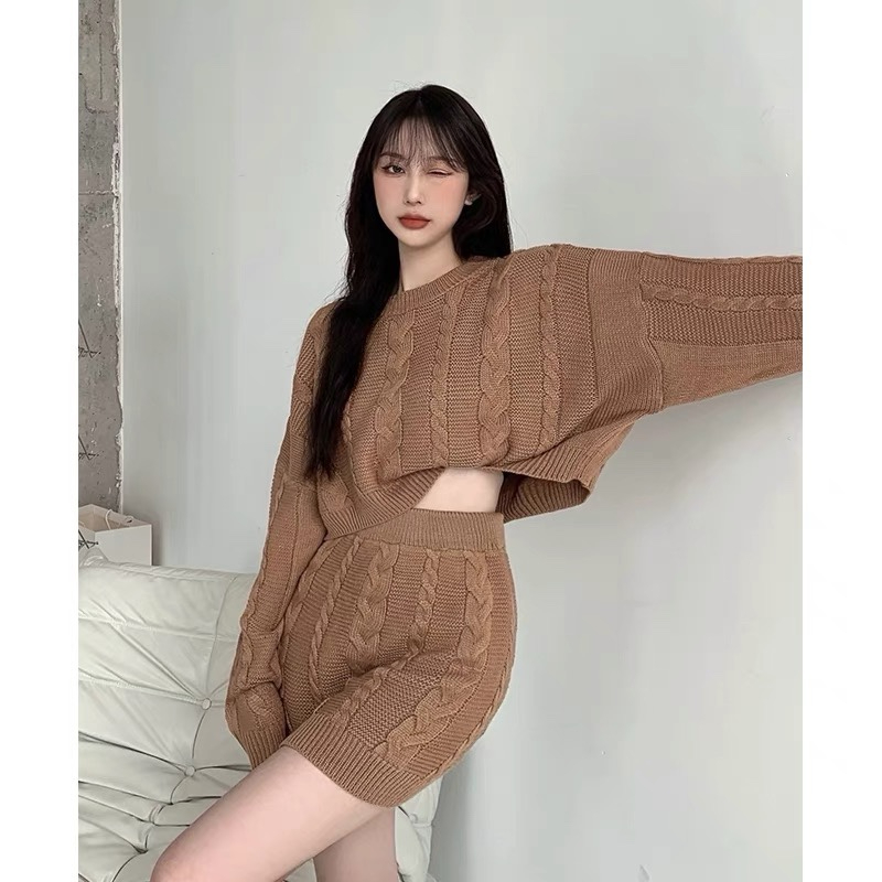 2023秋冬季韓版輕熟風辣妹針織毛衣套裝女設計感半身包臀裙兩件套