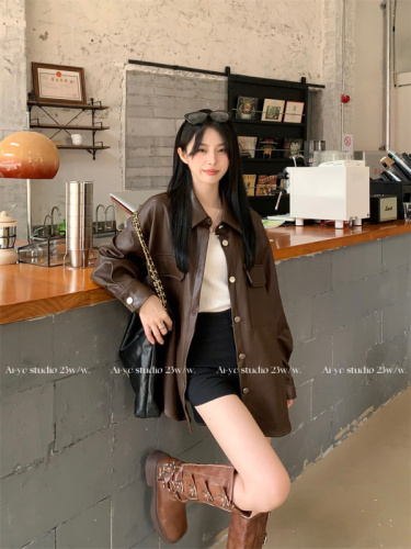 Real shot!  American classic street style workwear high-end slim solid color leather shirt jacket