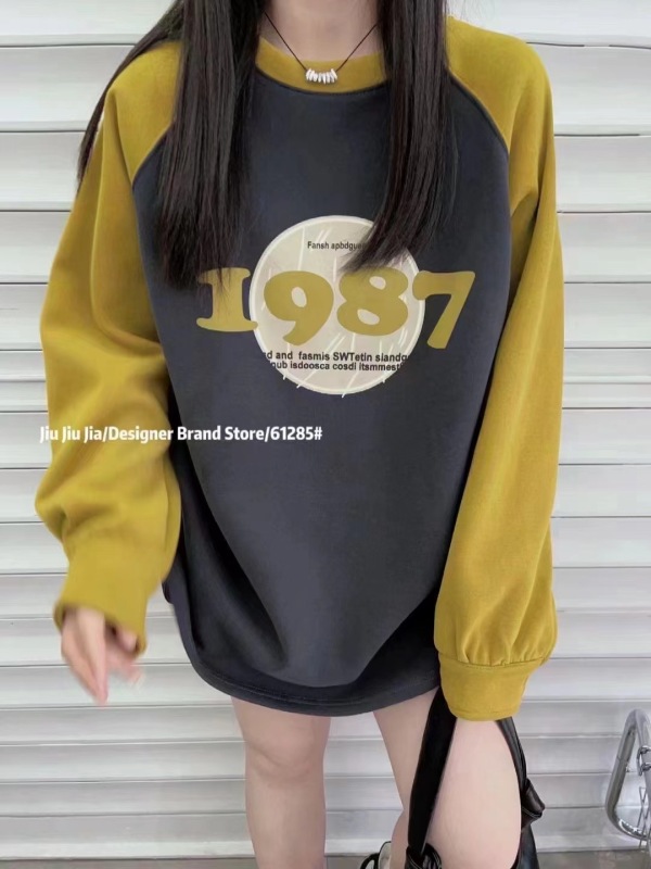 加絨加厚女2023秋冬新款獨特插肩袖衛衣中長款寬鬆印花上衣