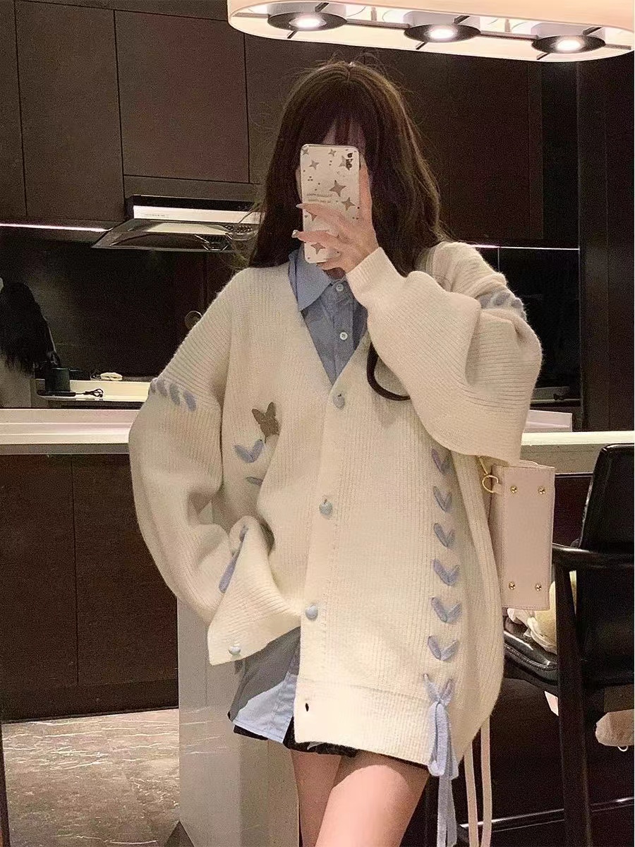 DOPS日系慵懶風小眾蝴蝶愛心綁帶軟糯針織開衫毛衣外套女