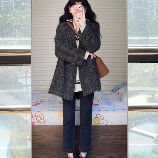 韓系大衣小香風鹽系輕熟風格子毛呢外套高級感慵懶韓風衣中長款衣