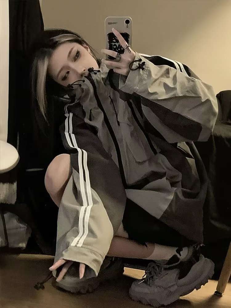 春秋季潮牌撞色拼接衝鋒衣男女外套寬鬆潮流機能風工裝連帽夾克bf