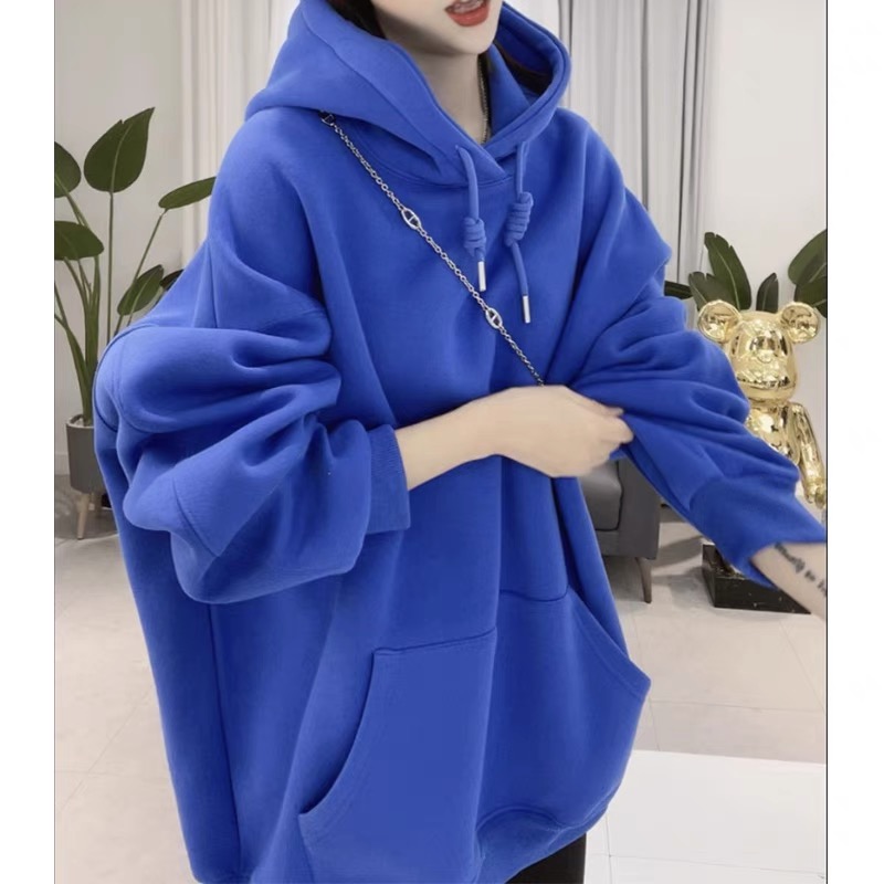 Hooded sweatshirt for women 2023 autumn and winter plus velvet high street large version ins trendy thickened solid color versatile high-end jacket