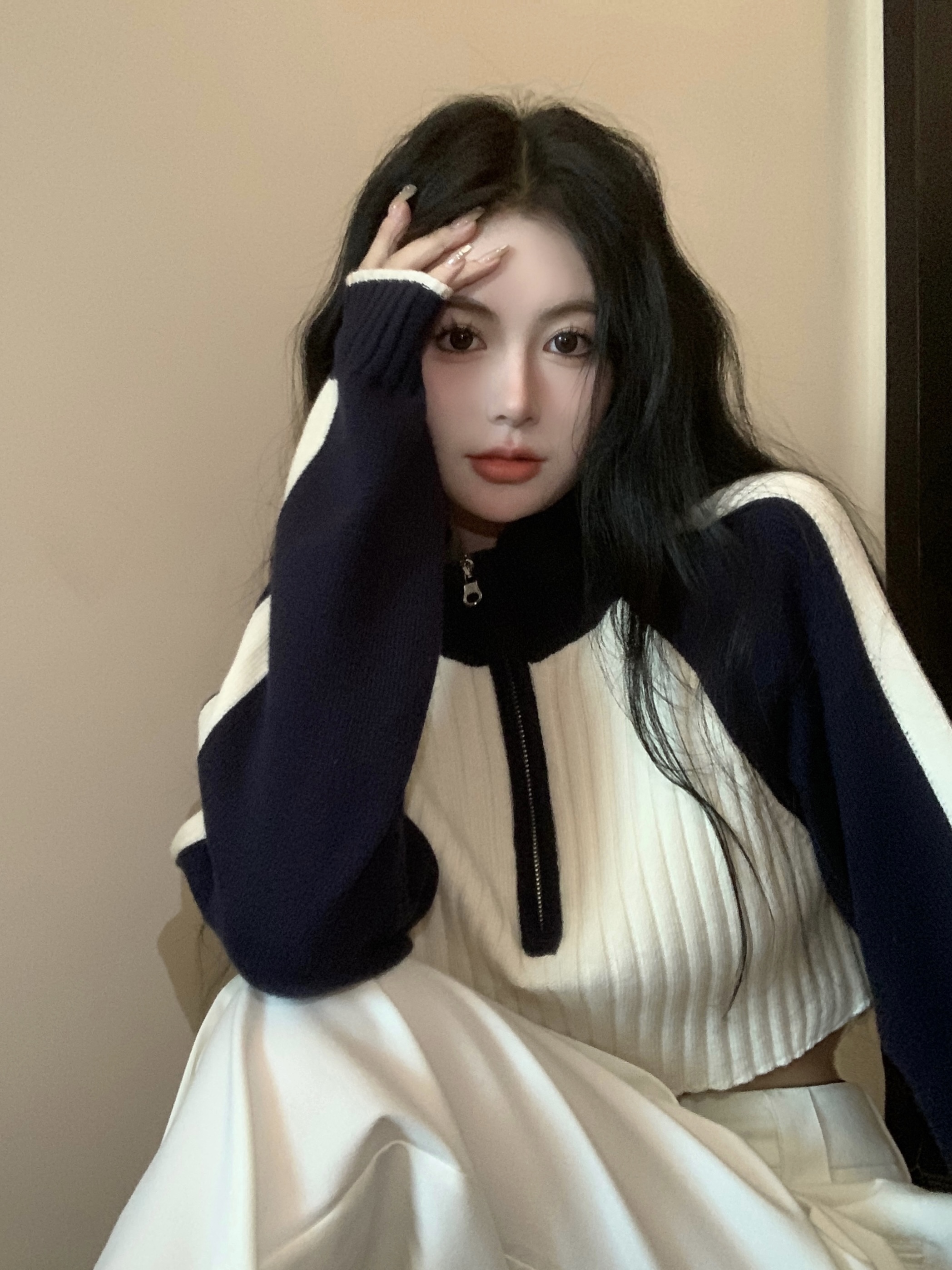 韓系撞色毛衣女秋冬2023新款小個子高腰插肩袖拉鏈短款針織衫上衣