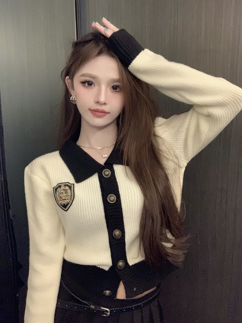 實拍 日系慵懶復古撞色拼接POLO領毛衣秋冬女套頭長袖軟糯上衣