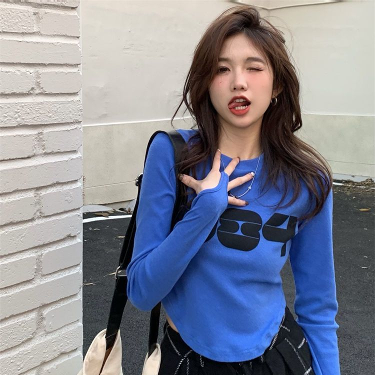 100%純棉克萊因藍打底衫女內搭秋冬新款時尚純欲短款上衣長袖t恤
