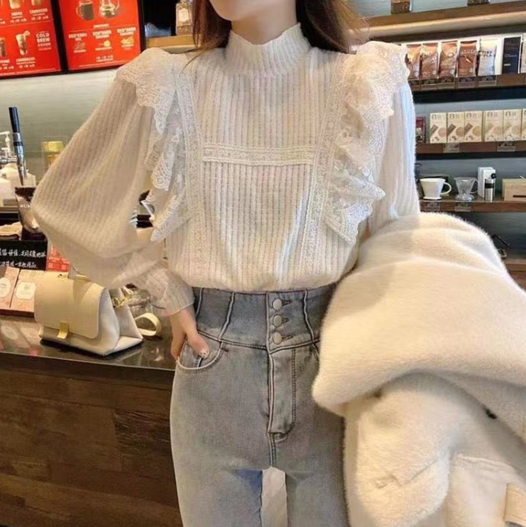 秋裝大碼女裝蕾絲小衫心機設計感仙長袖洋氣打底上衣M-4XL200斤