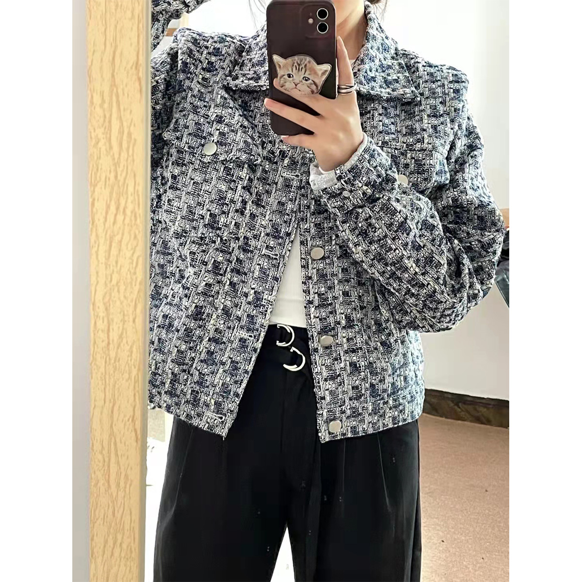 質檢官圖高級感小香風外套女2023春秋新款冬季粗花呢翻領短款上衣