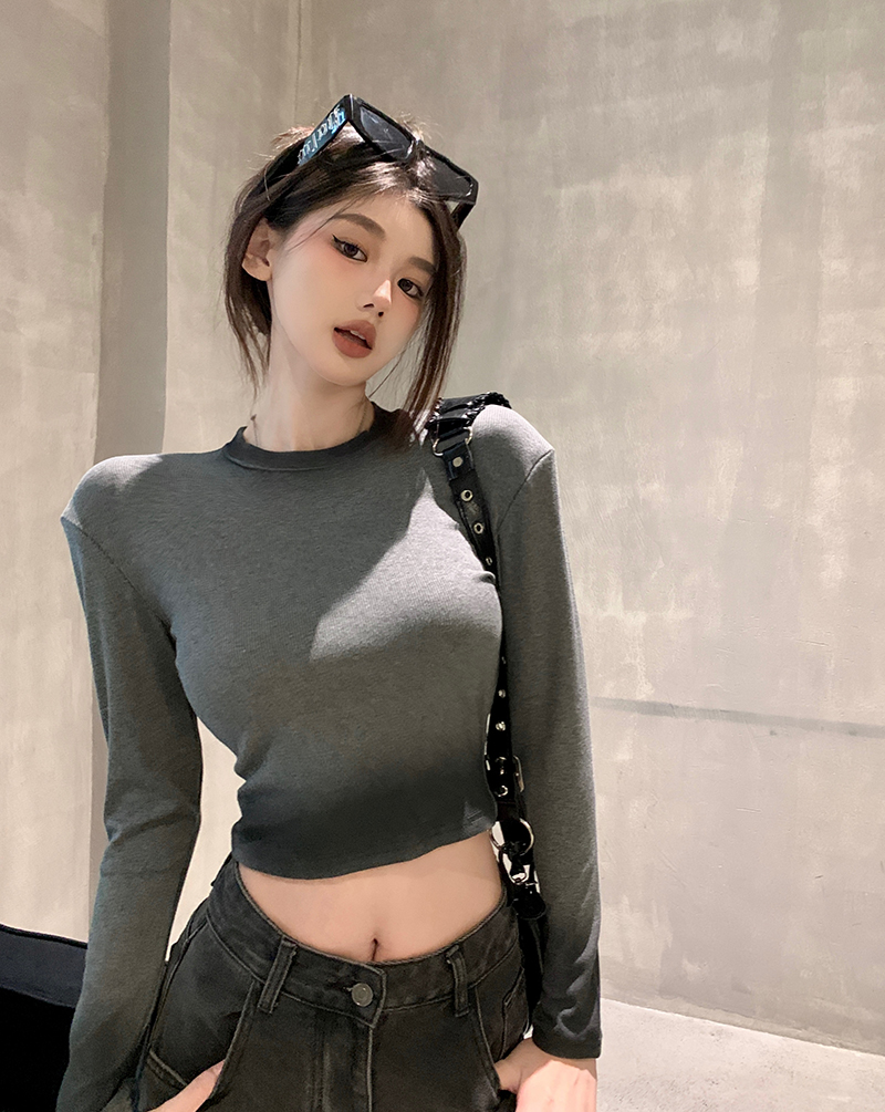 實拍  美式緊身長袖打底純色短款T恤女高腰露臍上衣潮