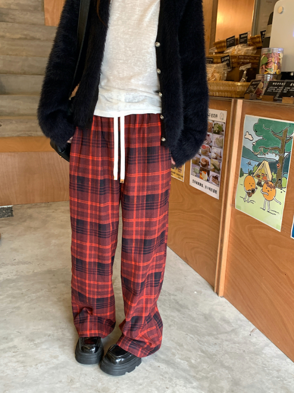 官圖 TR原版 復古紅色格子褲休閒褲高腰直筒褲女秋季闊腿褲