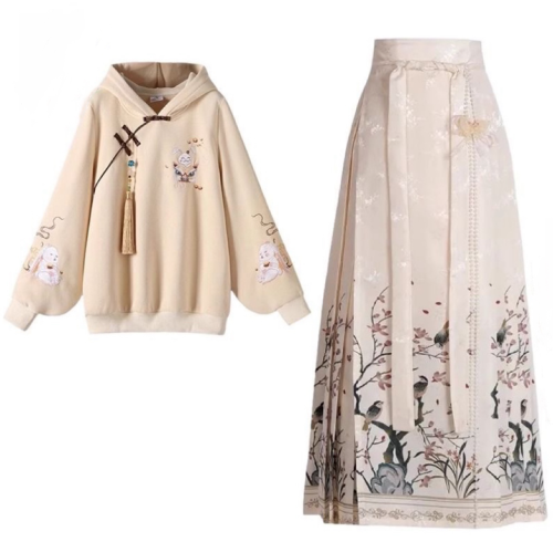 National trend hooded sweatshirt women's horse face skirt suit autumn and winter ancient style small Chinese style top two-piece skirt suit