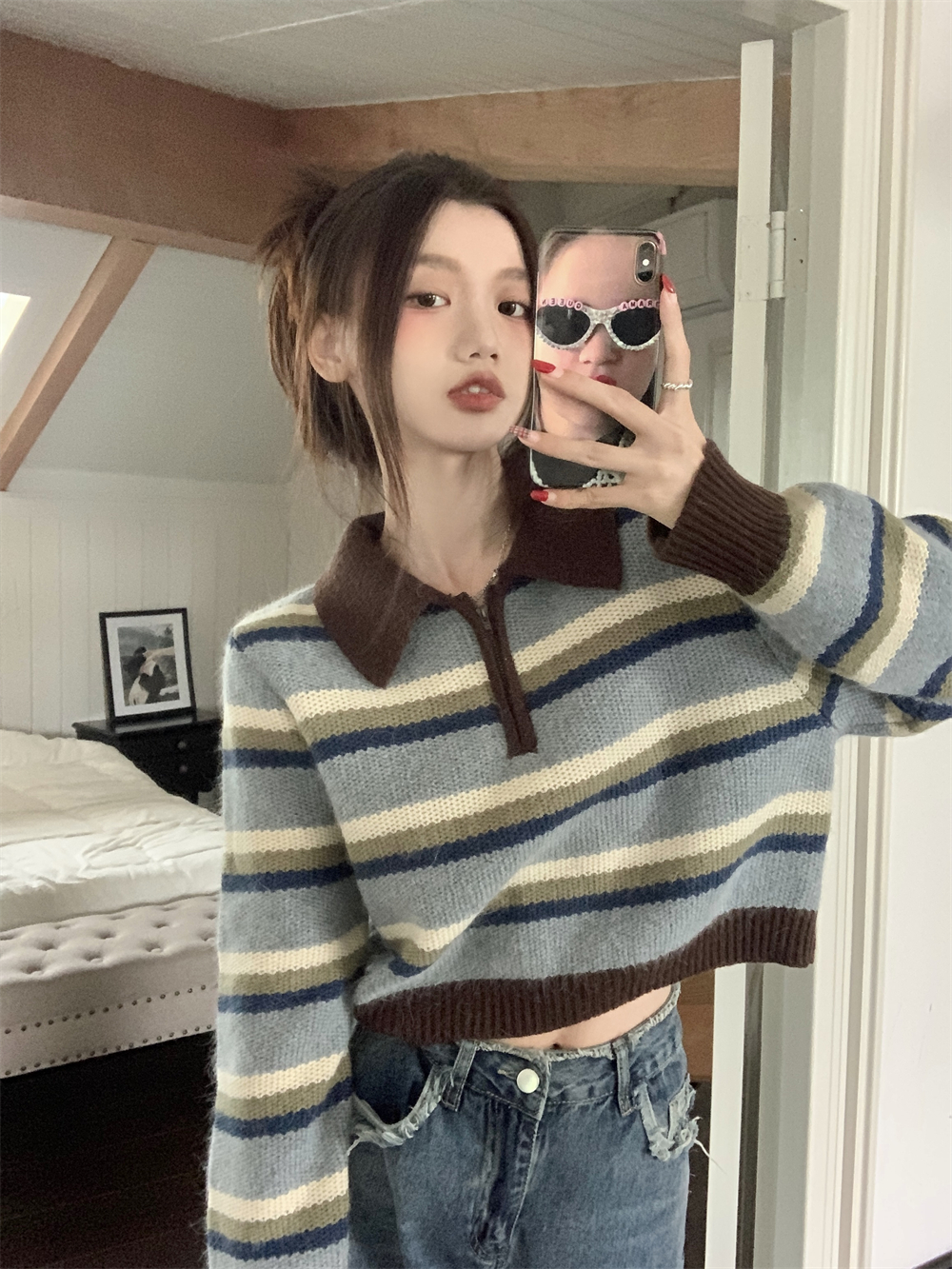 洋氣復古百搭Polo領針織毛衣女秋冬設計感寬鬆顯瘦撞色條紋上衣