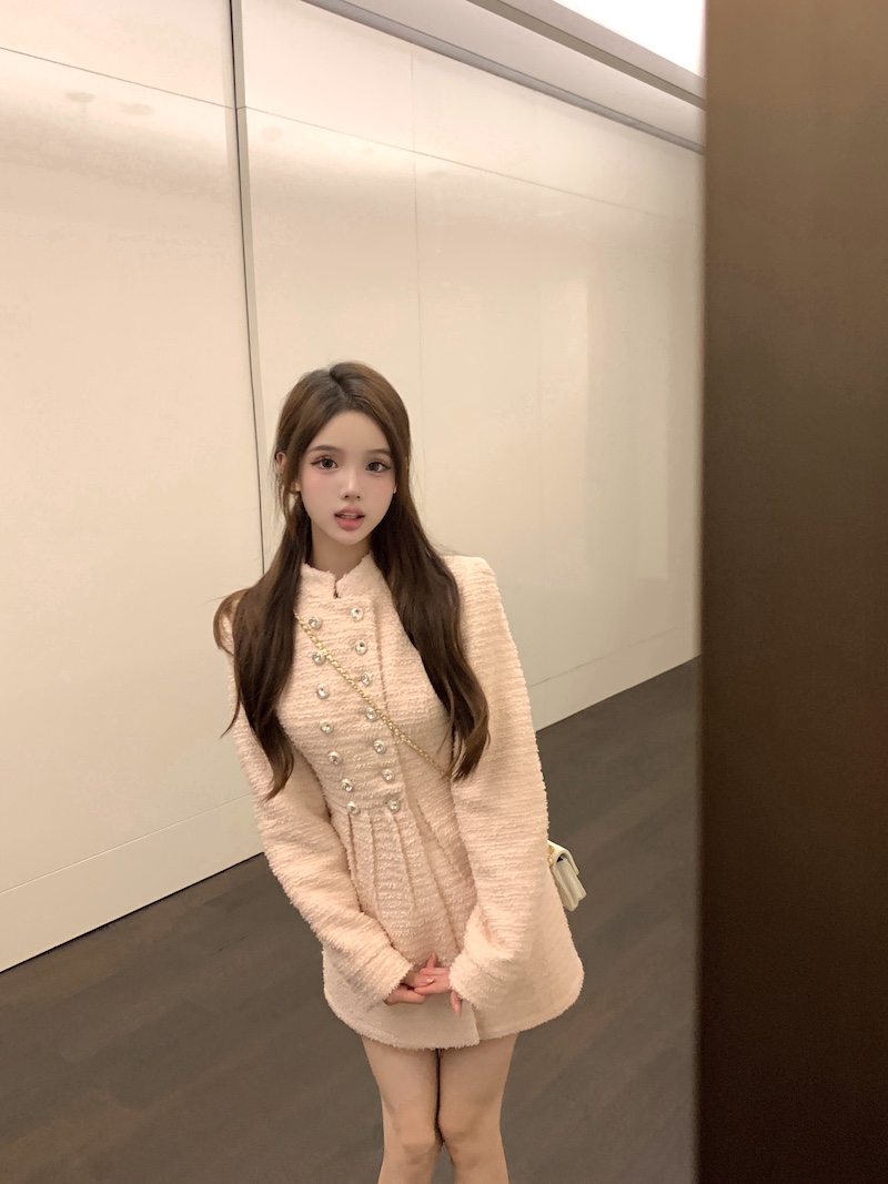 實拍實拍 韓版修身顯瘦中長款小香風長袖外套甜美收腰連衣裙