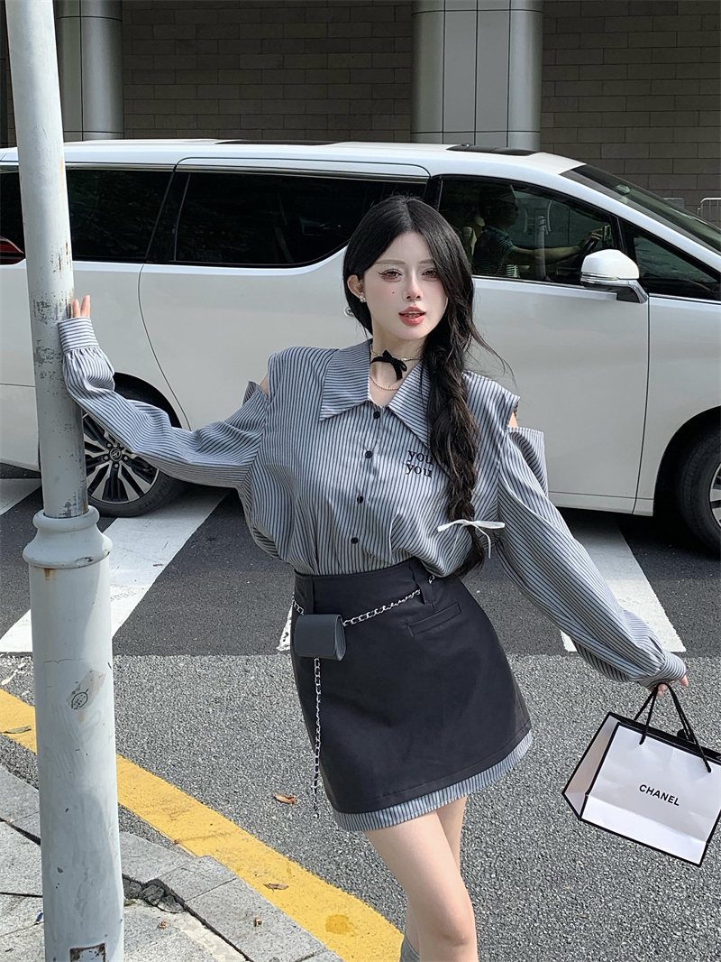 Real shot~Fashion suit striped off-shoulder long-sleeved shirt high-waisted skirt PU skirt with waist bag