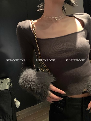 SUNONEONE 袖口貂毛打底针织衫女新款早秋设计感修身显瘦上衣