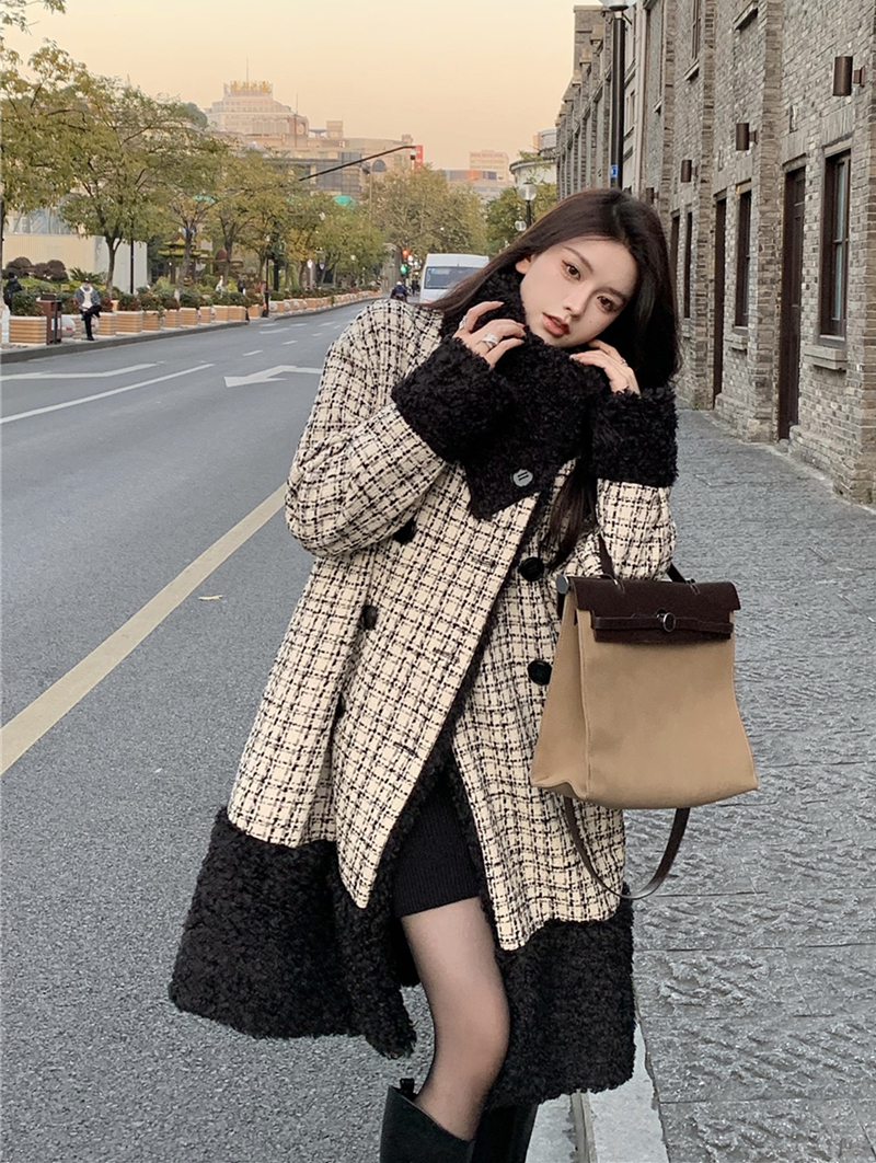 實拍秋冬粗花呢拼接羊糕毛格子中長款加厚內加棉毛呢外套女