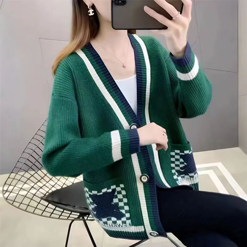 Knitted cardigan sweater jacket for women autumn new V-neck striped color matching loose fashionable casual top