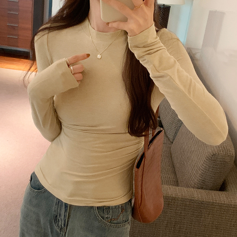 實拍圖設計感小眾收腰長袖t恤女秋季2023新款圓領上衣短款打底衫