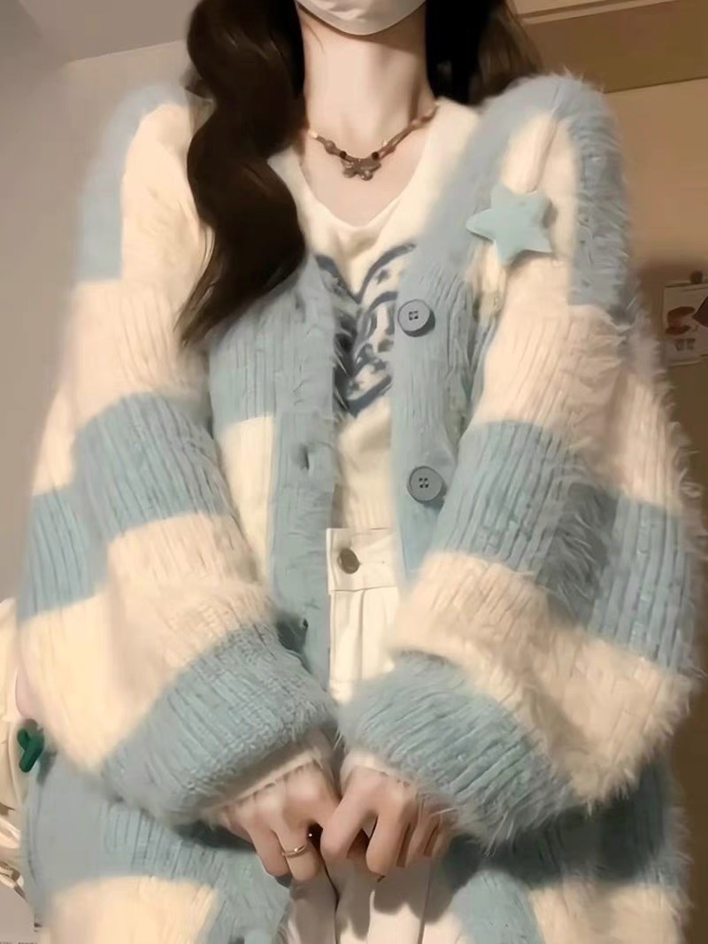奶呼呼條紋v領毛衣開衫外套女秋冬加厚溫柔慵懶風中長款針織上衣