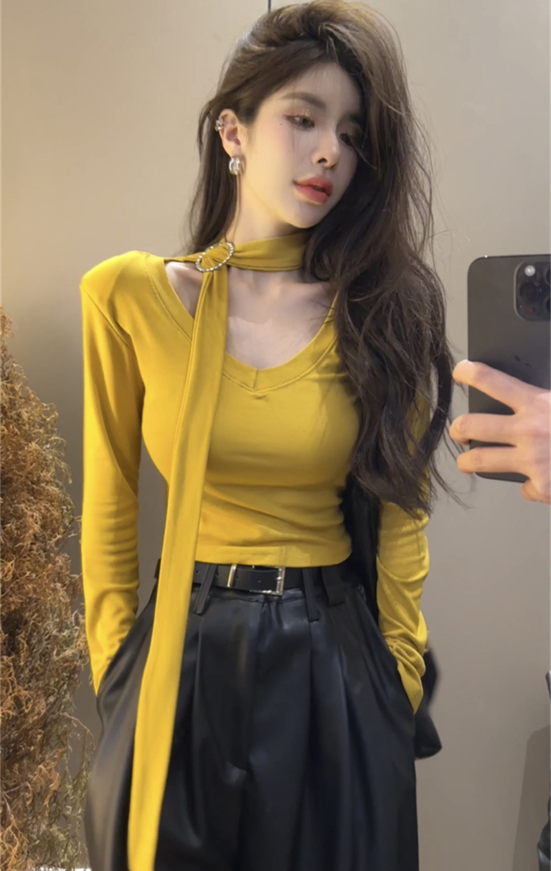 實拍 時尚百搭設計感長袖T恤女秋裝氣質修身掛脖設計上衣