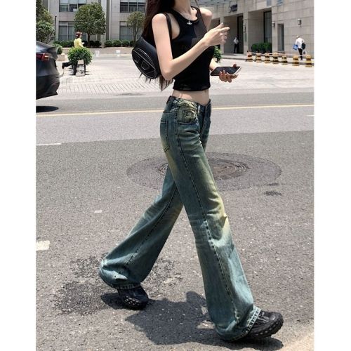 American Retro Low Waist Jeans Women's Designer Wide Leg Pants  New Spring and Autumn Hot Girl Distressed Straight Leg Pants