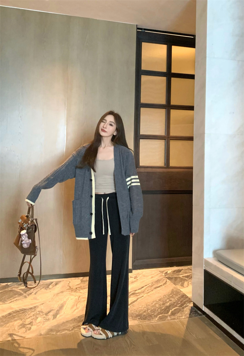 實拍  復古氣質慵懶寬鬆針織毛衣開衫+吊帶褲子三件套