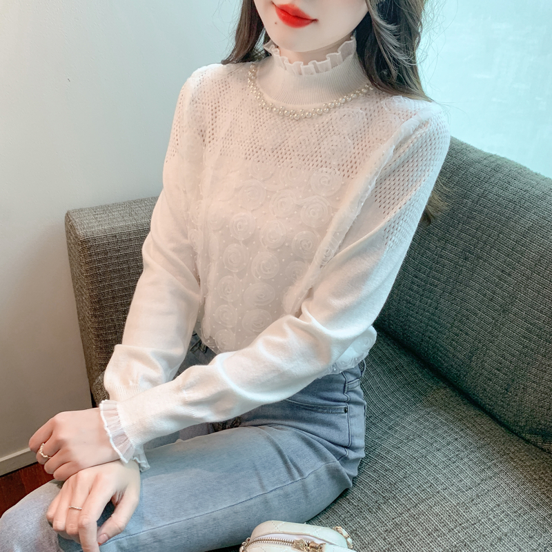 實拍2023甜美立體花朵長袖女冬季新款修身顯瘦半高領針織上衣