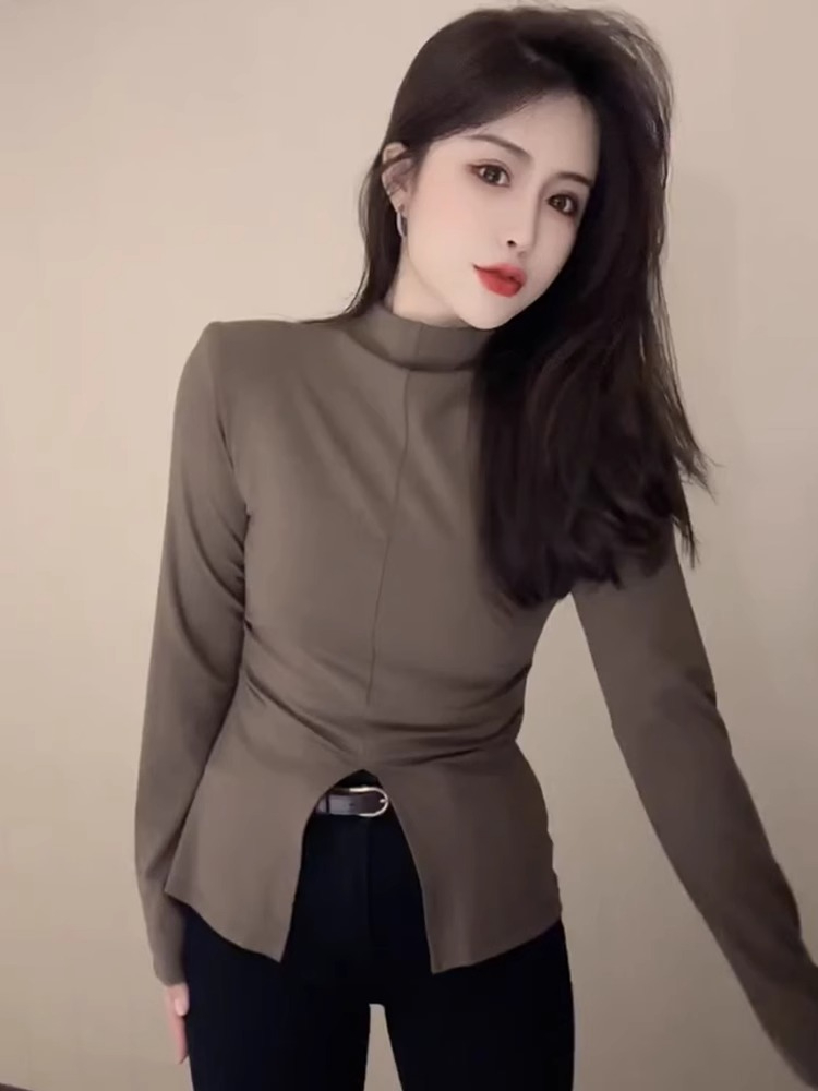 Official photo 260 free-cut half turtleneck slim fit versatile long-sleeved T-shirt for women autumn hem slit top