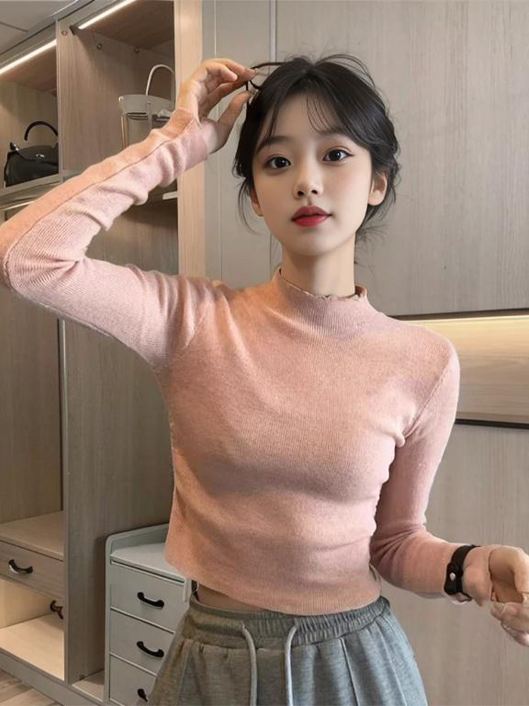 Half turtleneck knitted bottoming shirt for women, early autumn 2023, solid color, western-style inner layer, long-sleeved T-shirt, short top