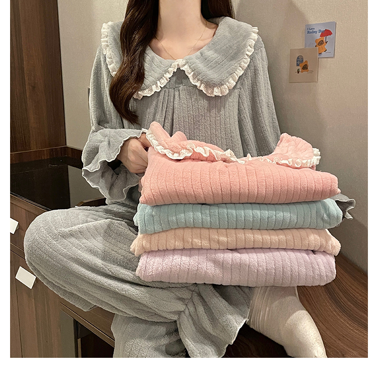 Real shot of plus size women's autumn and winter doll collar coral velvet sweet warm home wear pajama set two-piece set