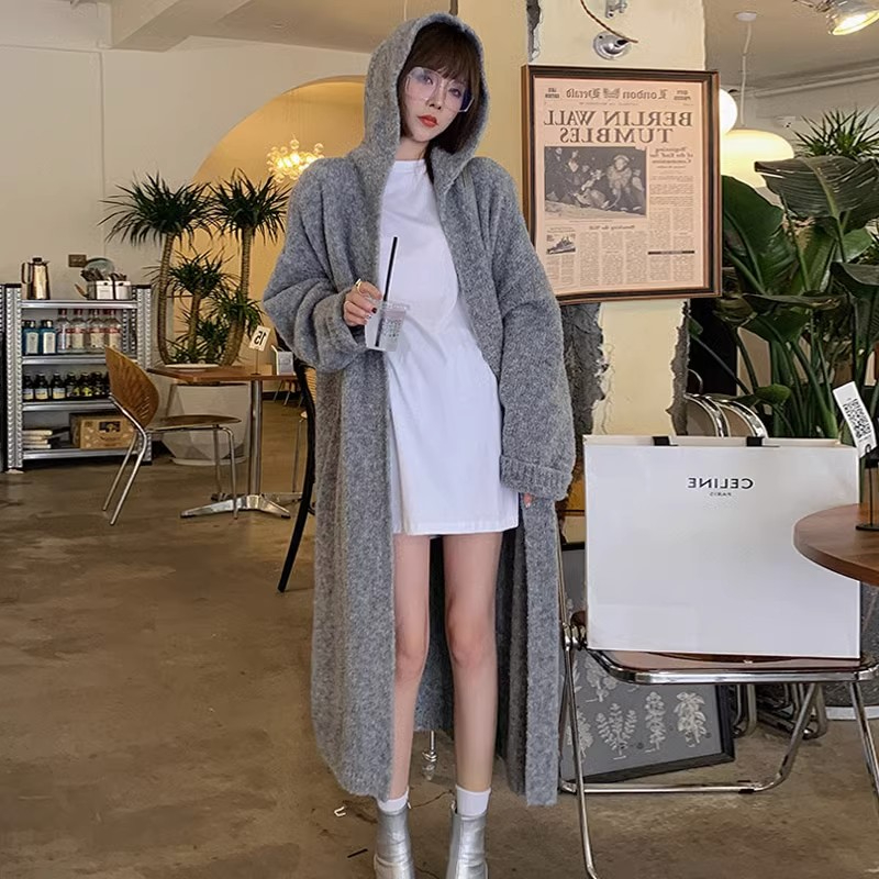 超長款軟糯連帽毛衣外套女春秋廓形針織開衫女寬鬆外搭慵懶風上衣