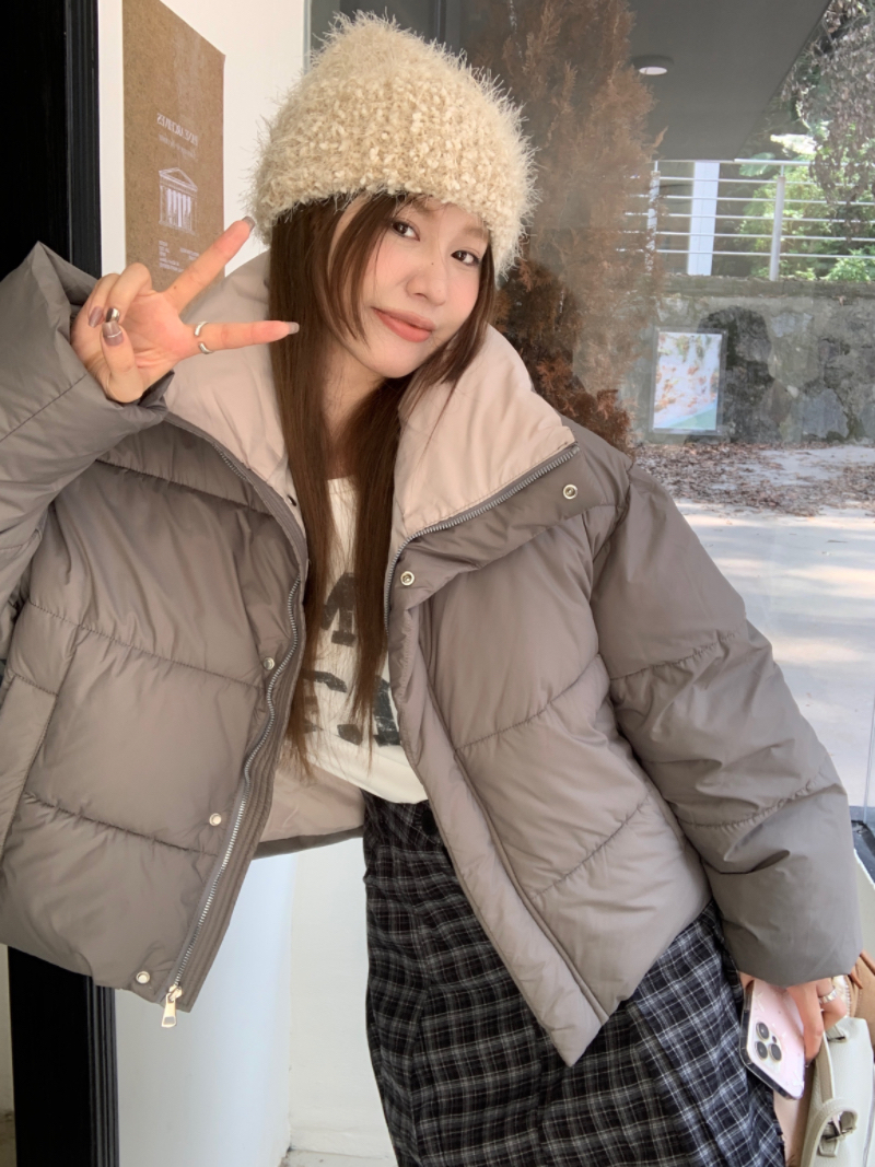 實拍基礎百搭款撞色小格子短款麵包棉服外套