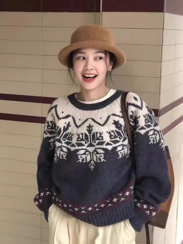 韓版復古灰色圓領費爾島毛衣套頭針織衫女新款秋撞色羊毛外穿上衣