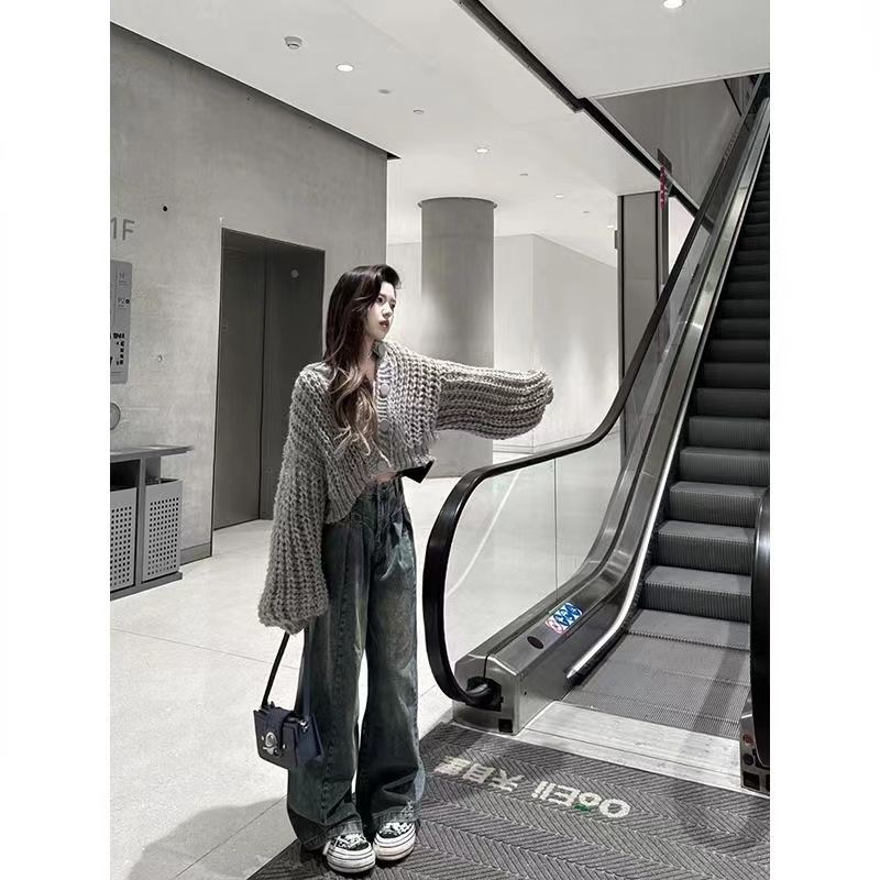 日系復古灰色麻花開衫毛衣女春秋寬鬆加厚慵懶風bf秋冬百搭針織衫