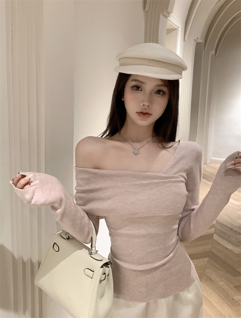 實拍 一字肩上衣內搭打底衫修身顯瘦氣質性感純欲露肩長袖T恤