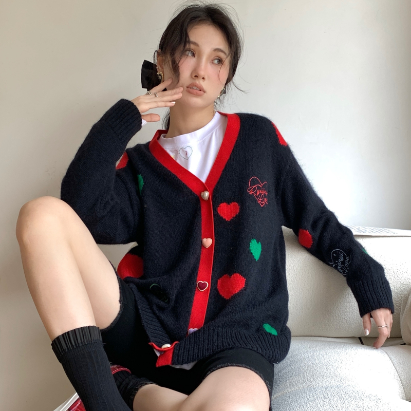 RANYI LONDON designer brand color block love jacquard V-neck knitted cardigan women's sweater jacket