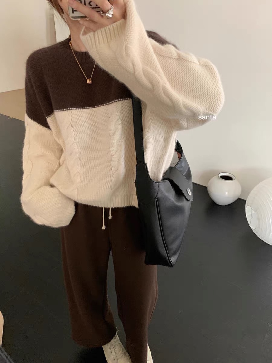 santa grove color-blocked twist raccoon sweater for women 2023 autumn new versatile long-sleeved pullover sweater