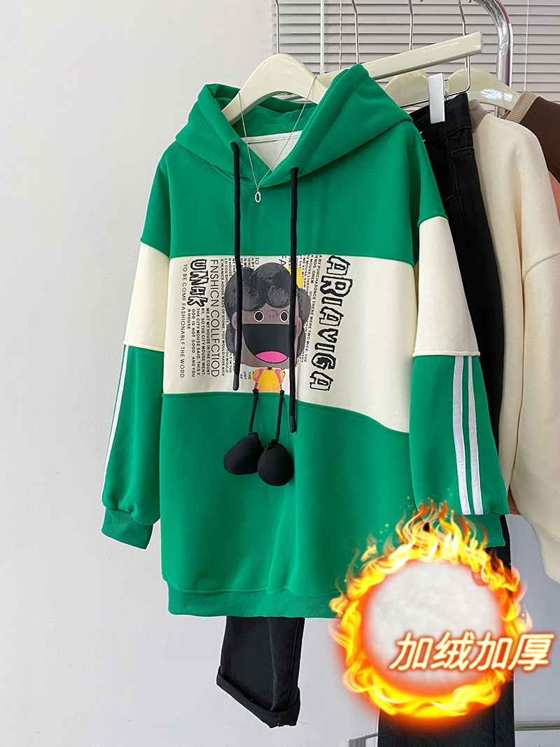 實拍天貓品質純棉華棉複合秋冬裝加絨加厚美式韓版連帽撞色衛衣女