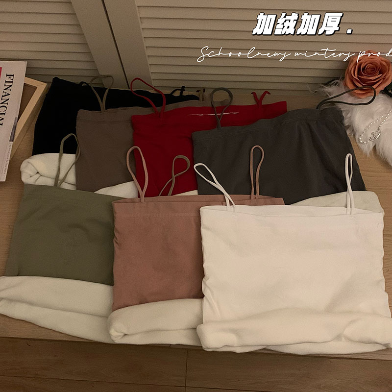 實拍 加絨加厚吊帶背心女秋冬純色百搭保暖內搭打底衫上衣