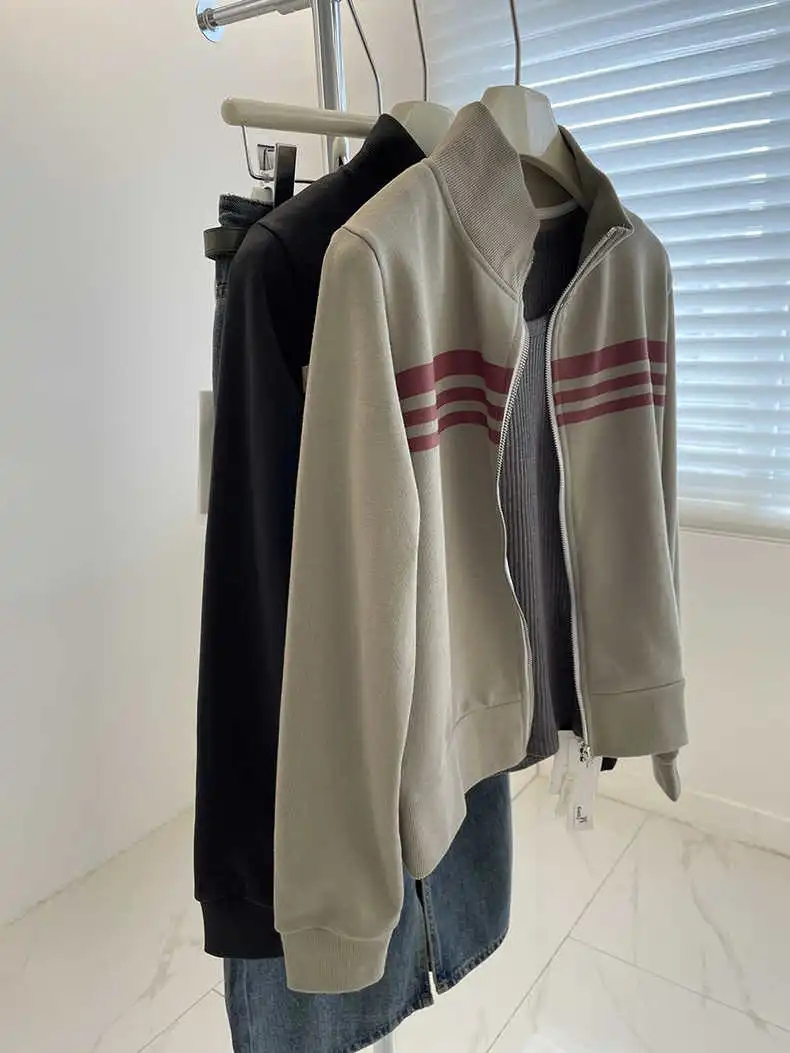 American retro stand-collar short coat! Autumn versatile slimming sports top small casual zipper shirt for women