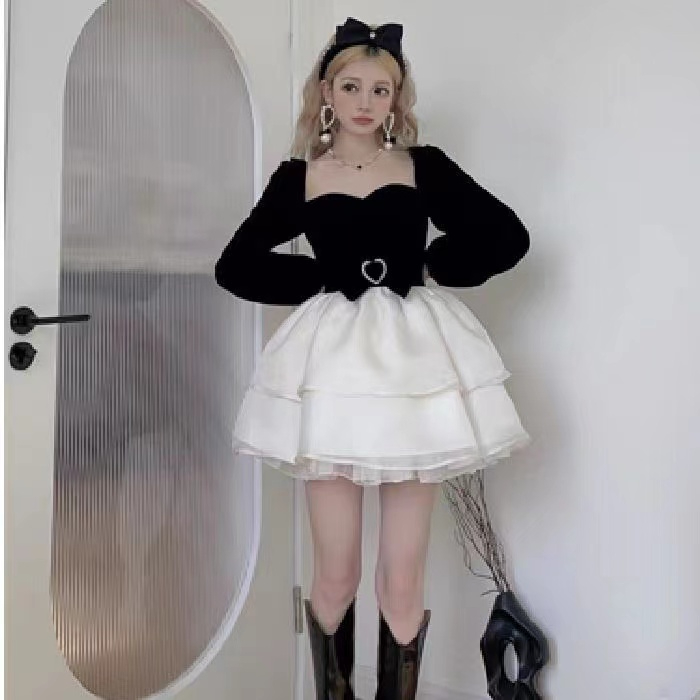 French Hepburn style splicing dress, high-end women's spring contrast color high waist slimming temperament tutu skirt cake skirt