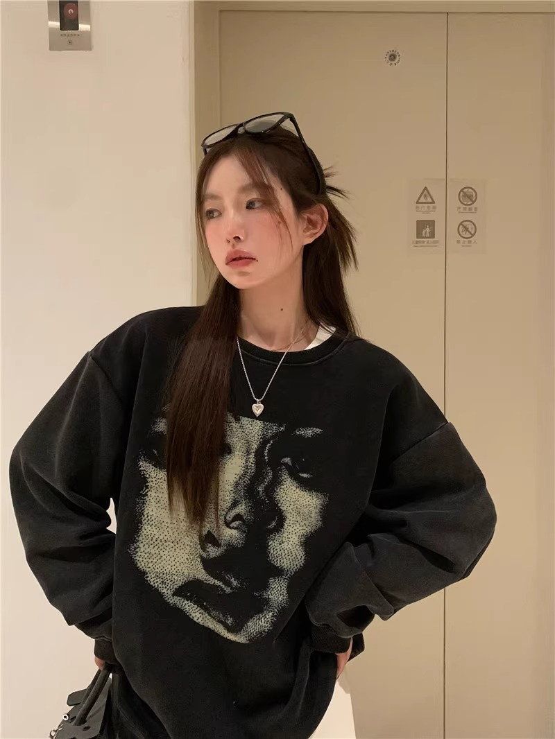 純棉 水洗黑 美式小眾印花寬鬆百搭休閒衛衣