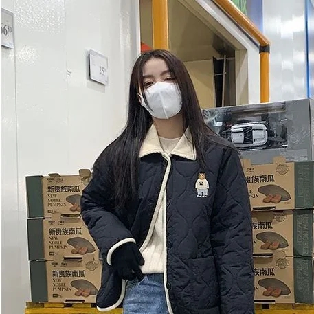 Cute Fashion Jacket Contrast Color Korean Spliced ​​Lapel 2023 Casual Bear Embroidered Diamond Pattern Bread Cotton Clothes Women's Fashion