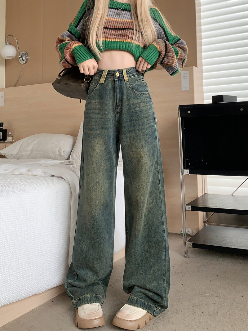 實拍#新款直筒牛仔長褲女設計感水洗復古寬鬆闊腿褲子
