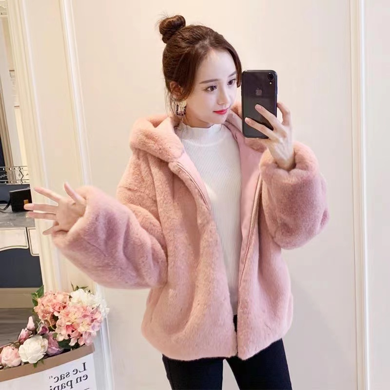 外套女雙面絨2023新款秋冬裝加厚連帽毛絨絨寬鬆短款外套女