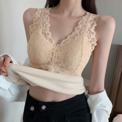 **Padded Warming Lace V-Neck Sheer Mesh Women's Top for Autumn/Winter**