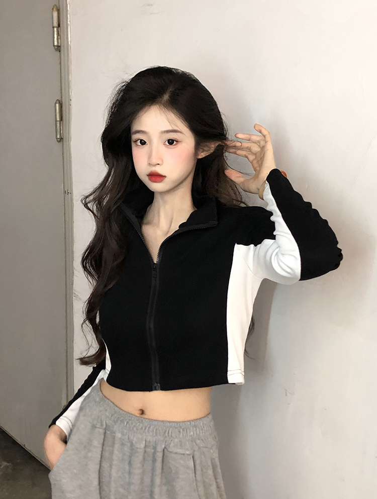 純欲風拼色立領短款外套女秋季2023新款休閒運動洋氣修身顯瘦上衣