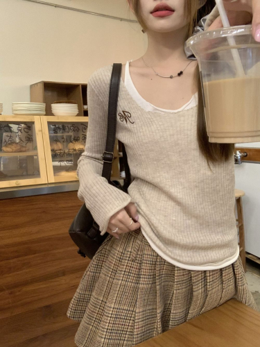 Japanese school girl fake two-piece U-neck sweater women's design bottoming shirt wears halterneck long-sleeved top