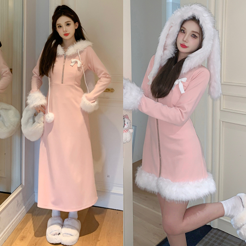 Real shot of sweet furry bunny plush hooded dress