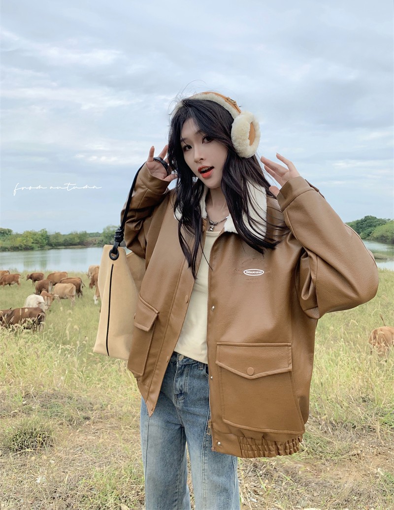 Actual shot of new winter loose cotton PU leather jacket motorcycle jacket